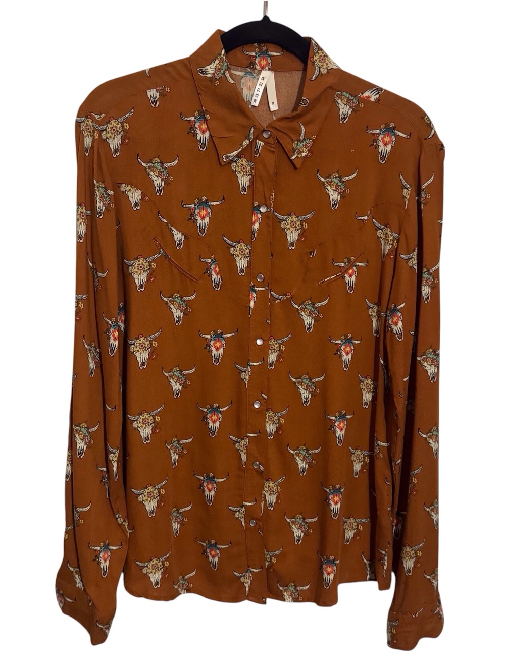Roper Women’s Size Medium Cowskull Pearl Snap Button Up Top Western Rodeo